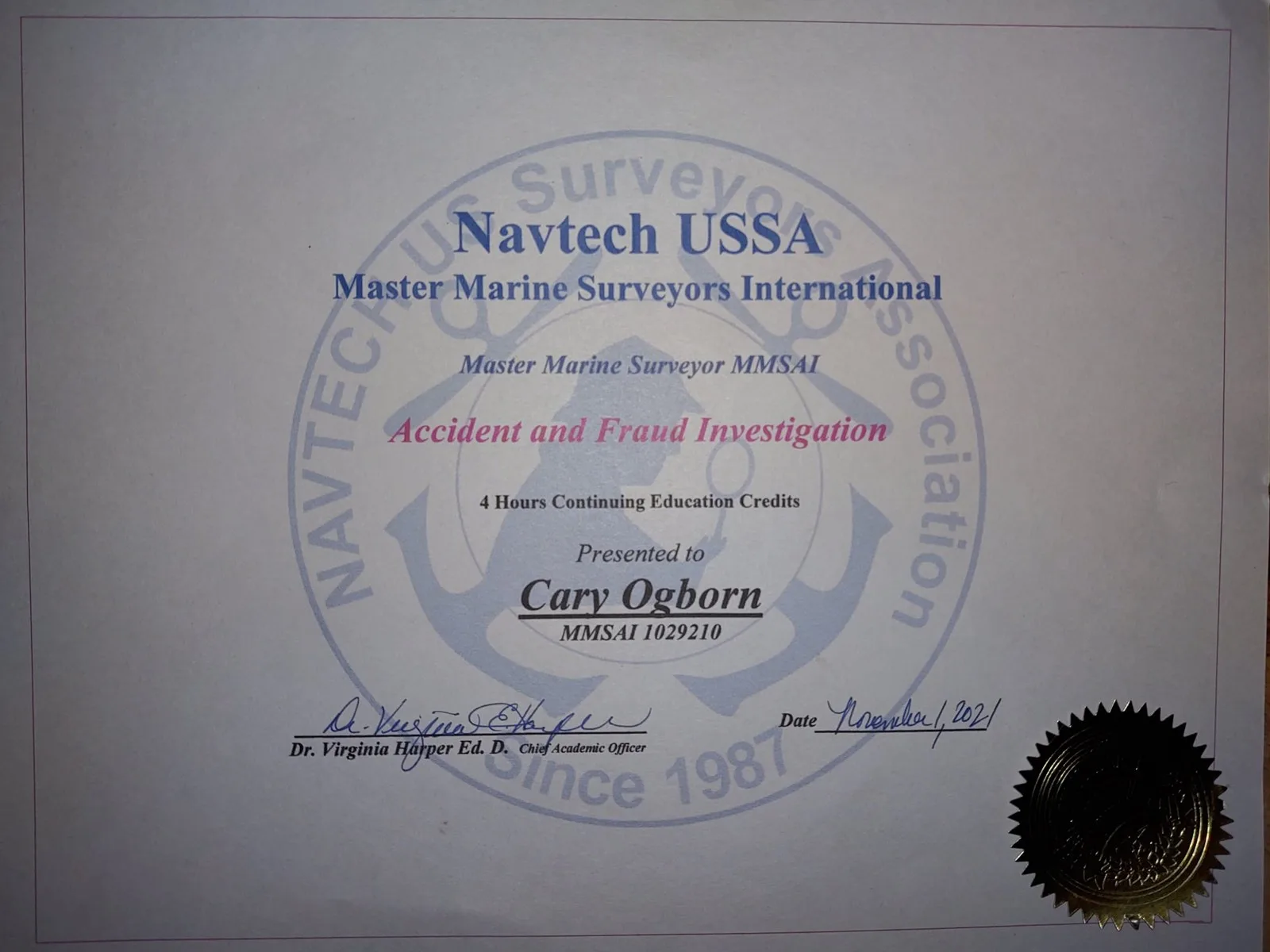 Navtech USSA Accident and Fraud Investigation certificate presented to Cary Ogborn